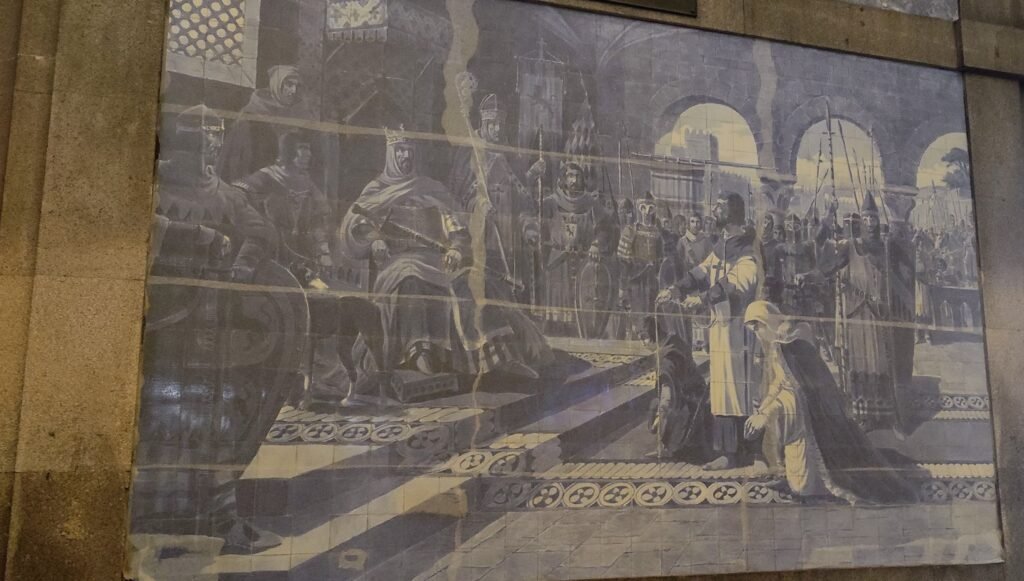 Azulejo na Estação de São Bento que representa a apresentação de Egas Moniz com sua esposa e filhos ao rei de Leão